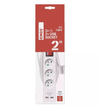 P1312RU Prodlužovací kabel 2 m / 3 zásuvky + 2 USB / s vypínačem / bílý volný